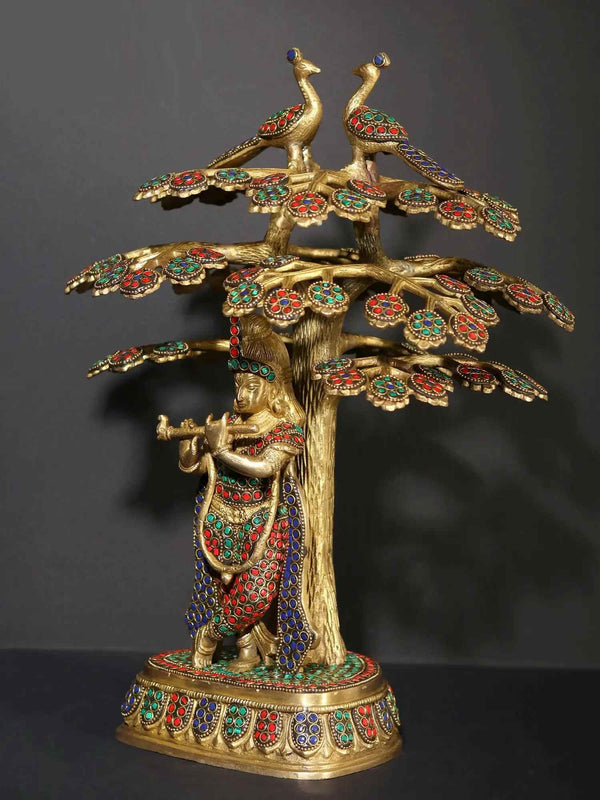 Brass Statue of Shri Krishna Playing Flute Under the Kadamba Tree with Inlay Work 15 Inches Entryway Setting