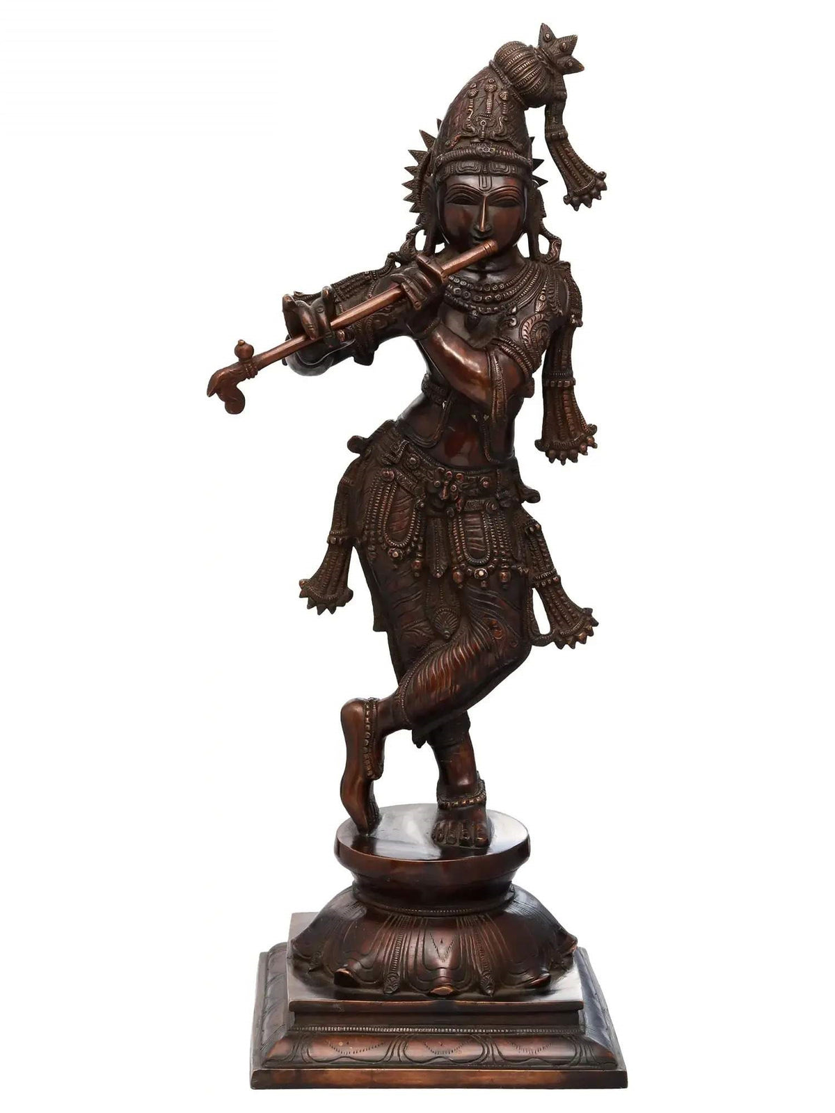 Krishna playing flute figurine in Indian cocoa brass, 23 in
