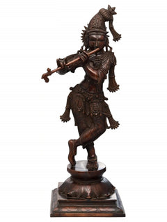 Krishna playing flute figurine in Indian cocoa brass, 23 in