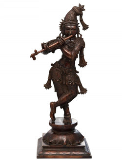 The Tribhanga Murari (Krishna) Playing the Flute in Indian Cocoa Brass 23 inches