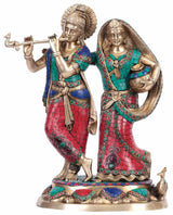 Brass Radha Krishna statue, 16-inch handmade figures with colorful jeweled robes.