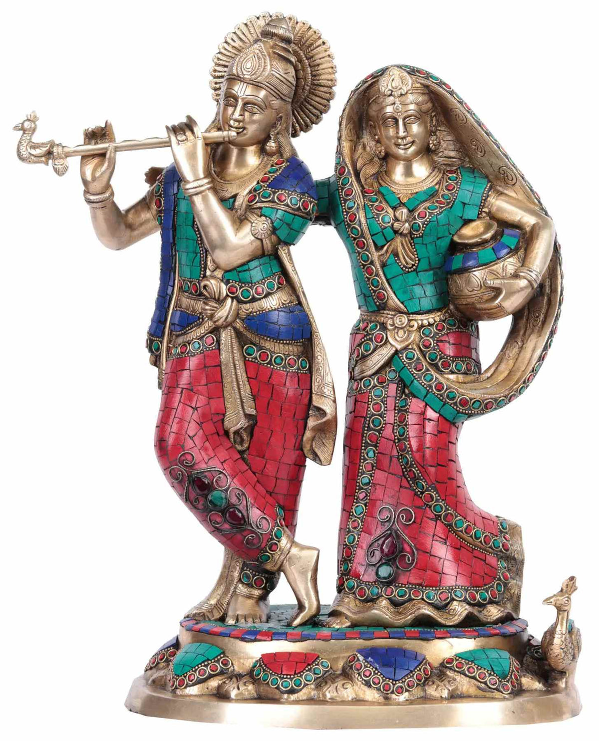 Brass Radha Krishna statue, 16-inch handmade figures with colorful jeweled robes.