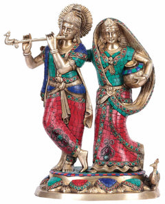 Brass Radha Krishna statue, 16-inch handmade figures with colorful jeweled robes.