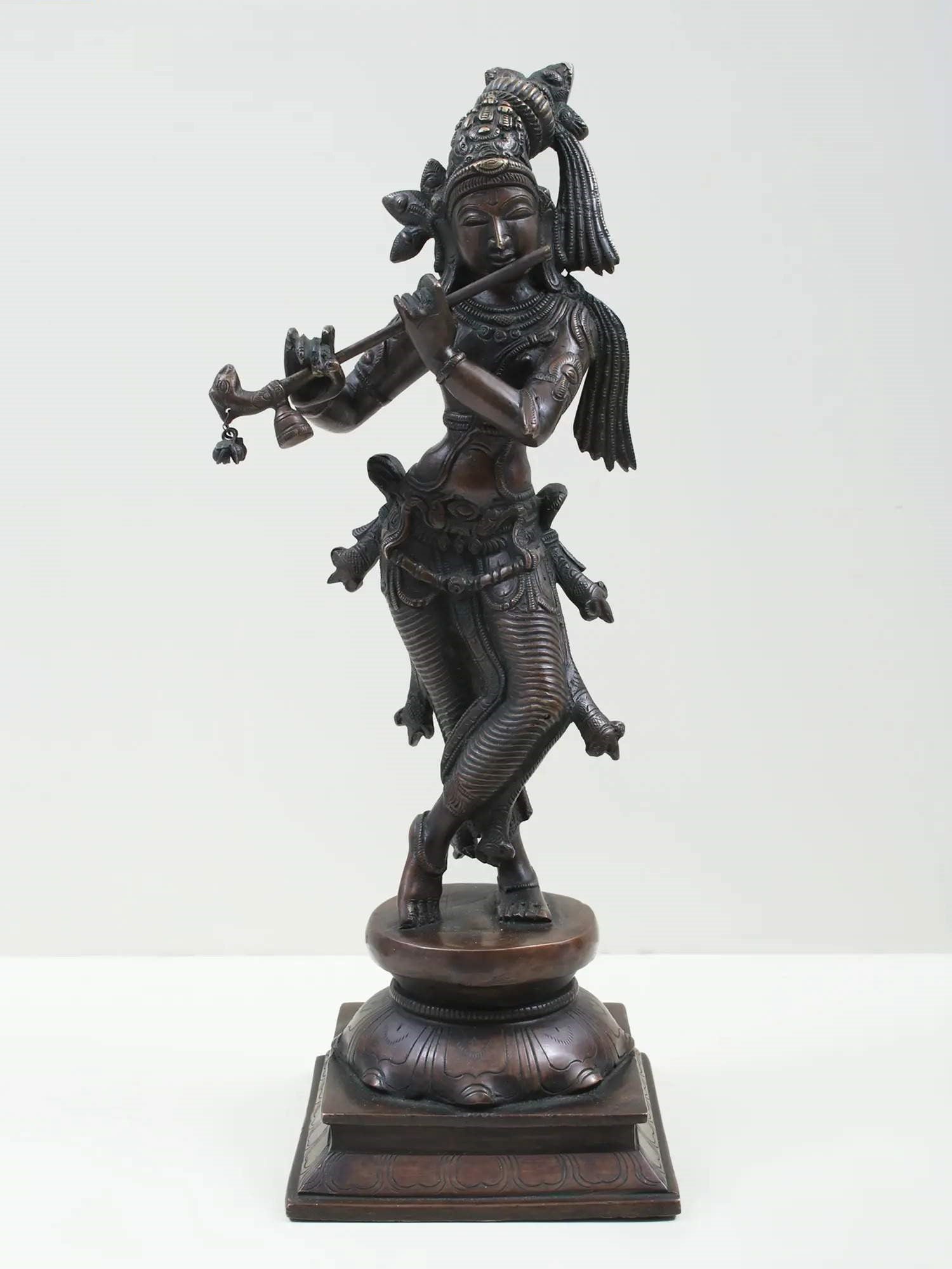 Indian Cocoa Brass Statue of Standing Lord Krishna Playing the Flute 14 inches