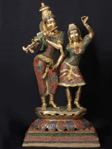 Krishna flute and Radha dancing figurine in multicolor stonework, 24 inches
