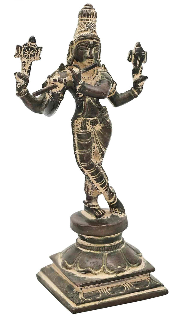 Handmade Super Antique Brass Lord Murli Krishna Statue 7.2 INCHES Entryway Setting