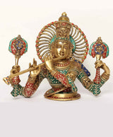 Brass Chaturbhuja Venugopal Krishna bust statue, 15 inch, teal and red details
