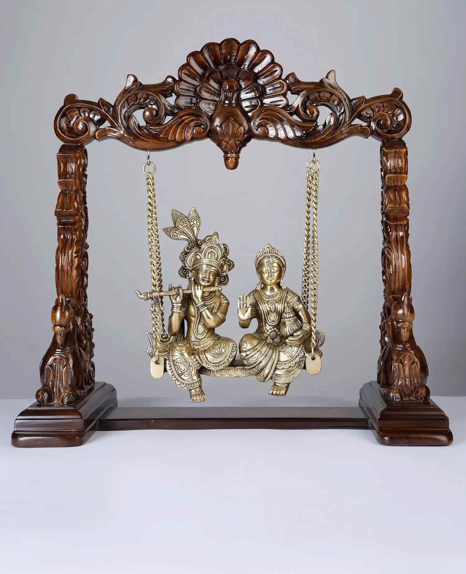 Brass And Wood Radha-Krishna Statue on a Swing 20 inches