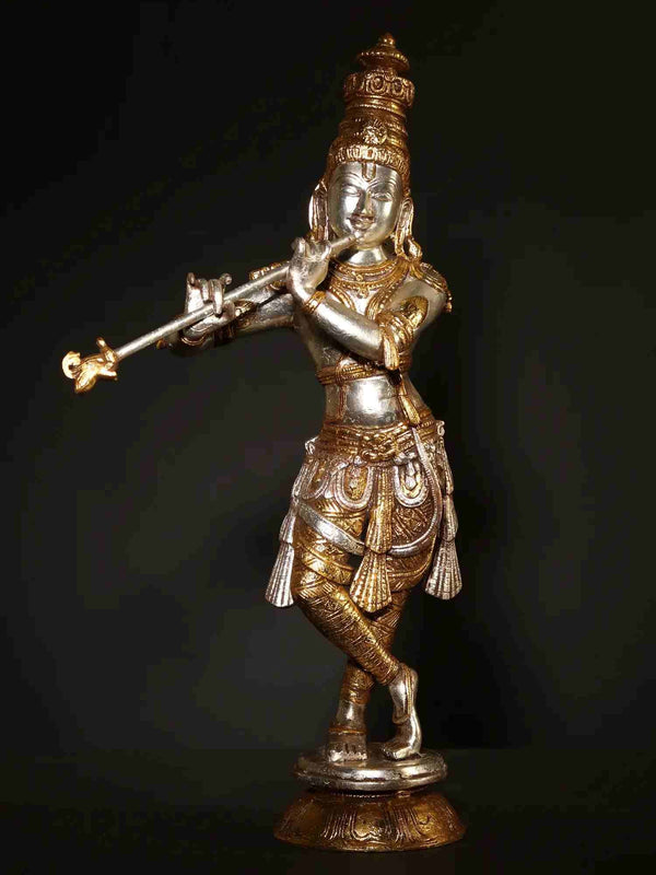 Handmade Silver and Gold Brass Statue of Shri Krishna Playing His Flute 23 Inches