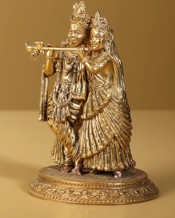Exquisite Small Gold Brass Statue of Radha Krishna 5 inches Entryway Setting