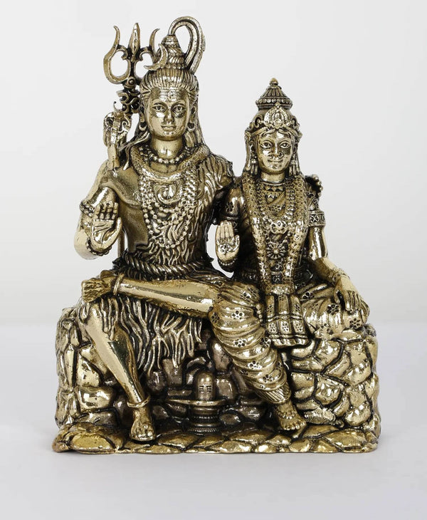 Small Superfine Shiva Parvati Brass Statue Seated in Blessing Gesture 3.5 inches