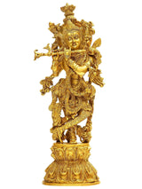 Handmade brass statue of Shri Krishna, raised flute and ornate crown, 18 inches