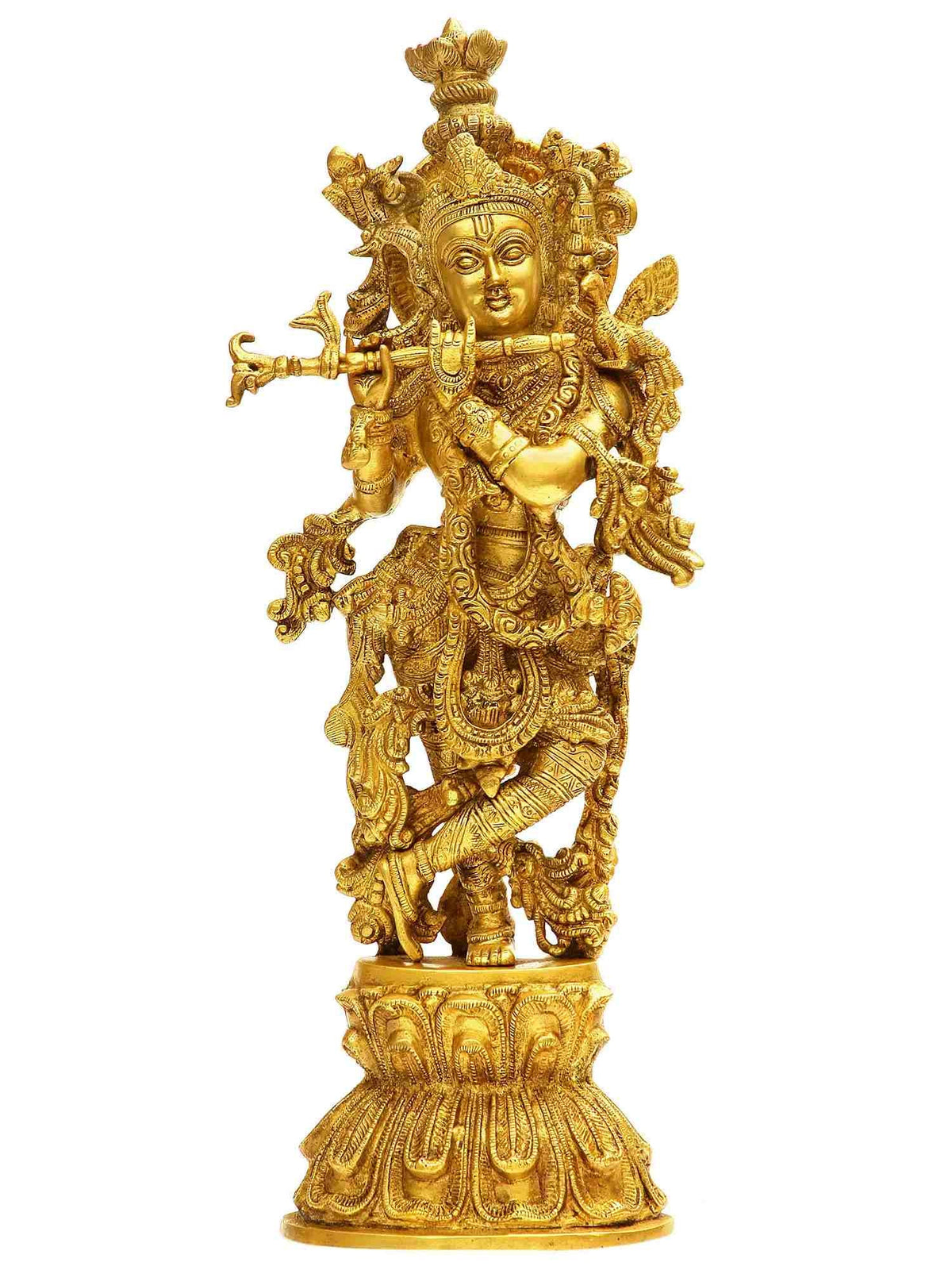Handmade brass statue of Shri Krishna, raised flute and ornate crown, 18 inches