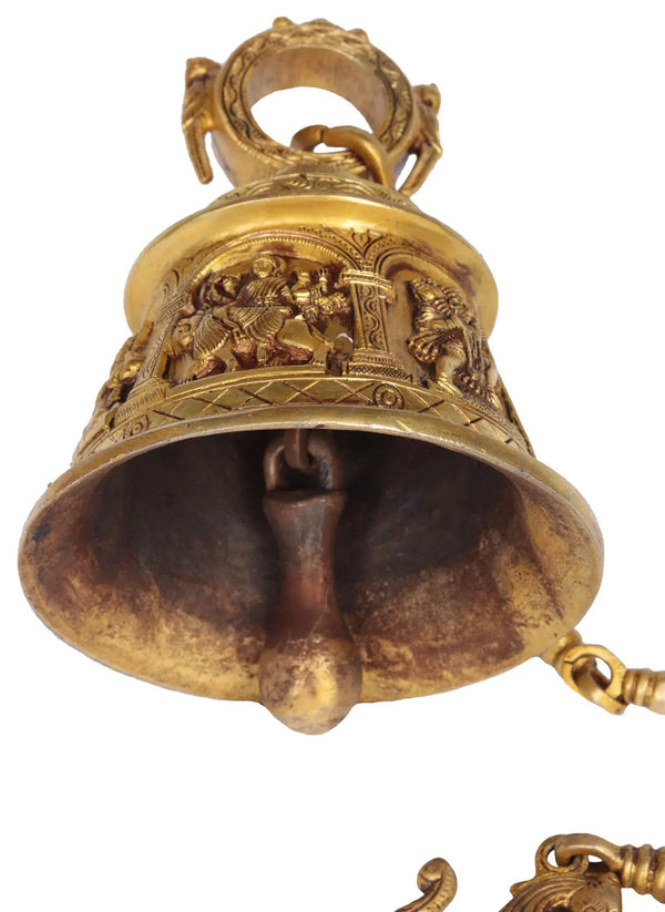 Brass Temple Hanging Bell with Images of Lord Shiva, Hanuman, Ganesha, Goddess Lakshmi, Durga and Radha Krishna| Handmade 7 inches Study Setting