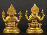 Gold brass Lakshmi and Ganesha statues, detailed back and arms, 8 inches