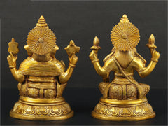Gold brass Lakshmi and Ganesha statues, detailed back and arms, 8 inches