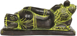 Side view of reclining Ganesha brass statue with black finish and green-gold highlights