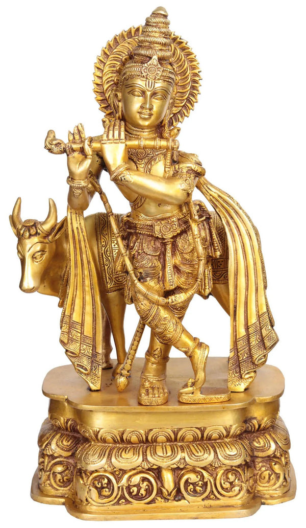 Handmade Brass Sculpture of Krishna, the Handsome Youth 19 Inches