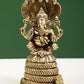 Small Brass Statue of Four-Armed Ganesha Seated on a Five-Hooded Serpent 4 inches