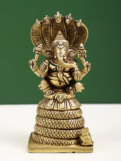 Small Brass Statue of Four-Armed Ganesha Seated on a Five-Hooded Serpent 4 inches