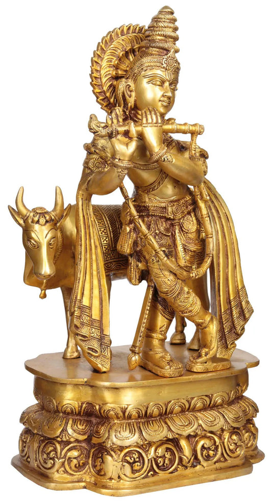 Handmade Brass Sculpture of Krishna, the Handsome Youth 19 Inches