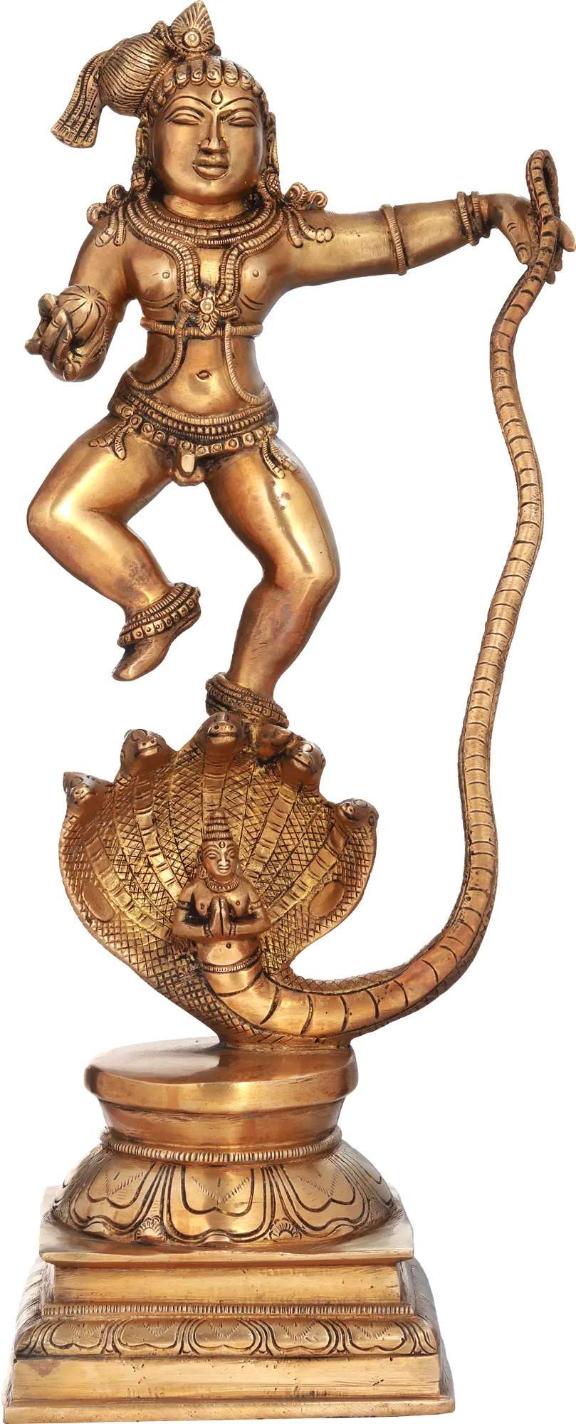 Natural Brass Statue Depicting Lord Krishna Vanquishing Kaliya 18 Inches