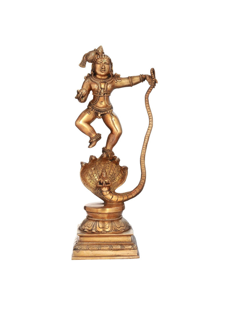 Natural Brass Statue Depicting Lord Krishna Vanquishing Kaliya 18 Inches