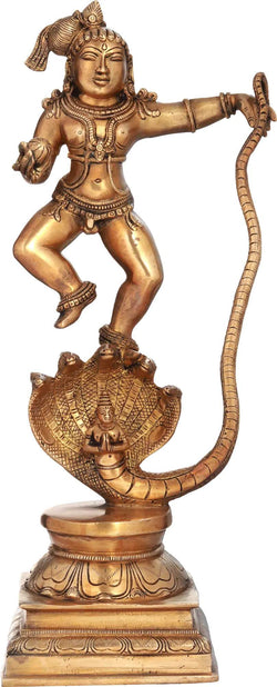 Natural Brass Statue Depicting Lord Krishna Vanquishing Kaliya 18 Inches