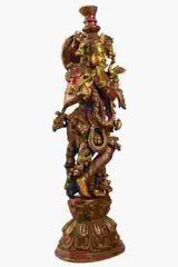 Brass Murli Krishna standing statue with detailed jewelry, red and green accents
