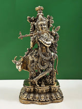 Handmade brass sculpture of Murlidhar Krishna with cow, ornate seated figure, 16 inches