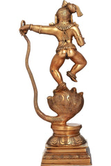 Natural brass Krishna statue side view, serpent tail coiled on base, AONA