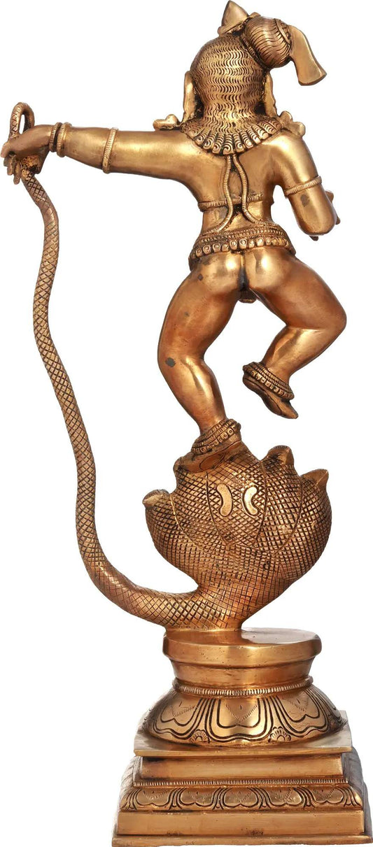 Natural Brass Statue Depicting Lord Krishna Vanquishing Kaliya 18 Inches