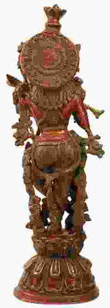 Murli Krishna brass statue back view with crown, ornaments, and red panel details