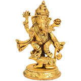 Brass Ganesha statue standing on a rat with raised hands and decorative ornaments
