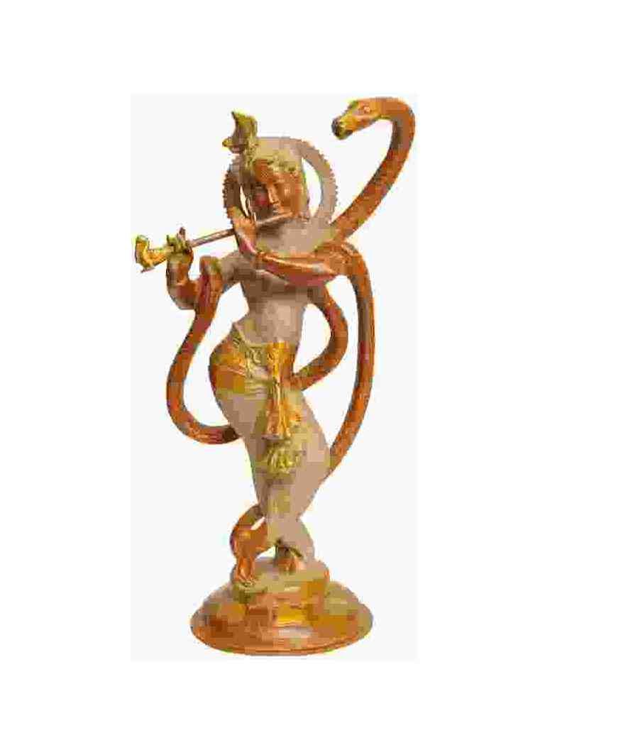 Braune Messing-Skulptur: Lord Krishna auf Kaliya, 15 Zoll, auf Sockel