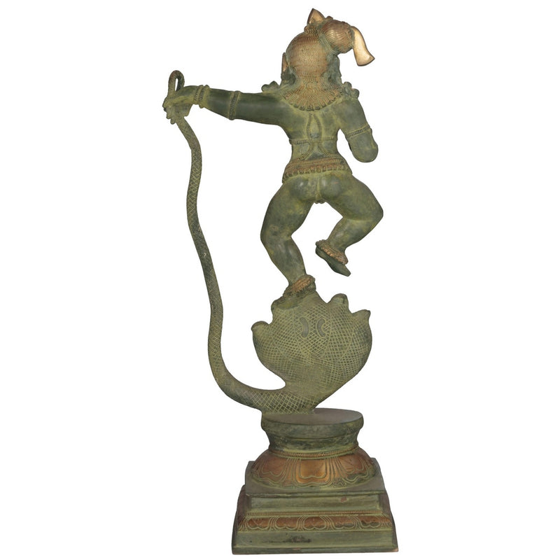Patina Gold Brass Statue Depicting Lord Krishna Vanquishing Kaliya 18 Inches