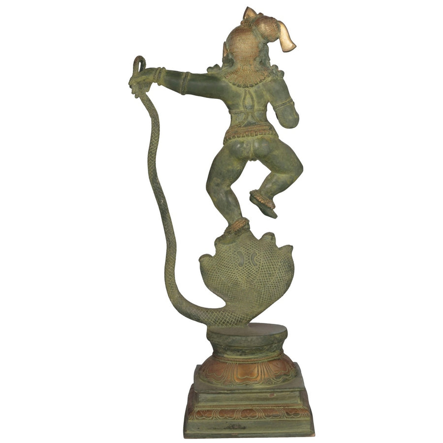 Patina Gold Brass Statue Depicting Lord Krishna Vanquishing Kaliya 18 Inches Craft Detail