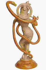 Messingfigur von Lord Krishna auf Kaliya, seitlich, gewundene Schlange und Flöte