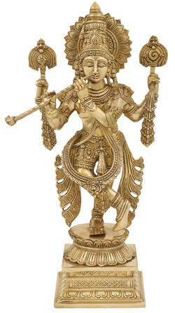 Natural Brass Tribhanga Muralidhara with Tassels at the Wrists and Sashes at the Hips 15 CM