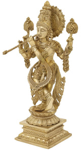 Natural brass Muralidhara statue with flute, tassels at wrists, hip sashes, 15 cm