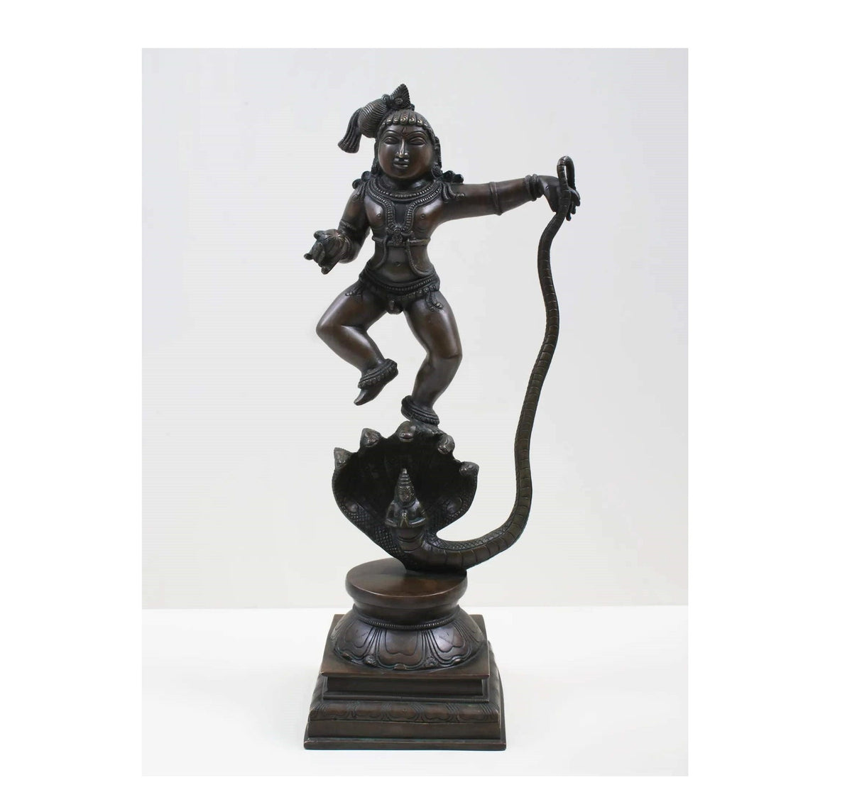 Antique brass Lord Krishna statue defeating Kaliya, 18 inch standing on cobra