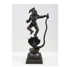 Antique brass Lord Krishna statue defeating Kaliya, 18 inch standing on cobra