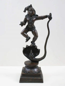 Antique Brass Statue Depicting Lord Krishna Vanquishing Kaliya 18 Inches