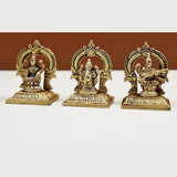 Brass Ganesha, Lakshmi & Saraswati mini statues set, angled front view, 2-inch