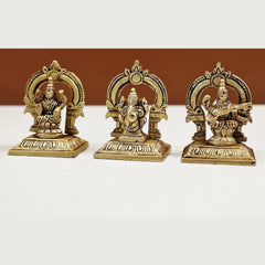 Brass Ganesha, Lakshmi & Saraswati mini statues set, angled front view, 2-inch