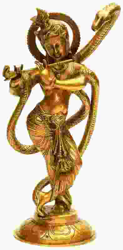 Handcrafted gold Brass Sculpture of Lord Krishna and Kaliya 15 inches