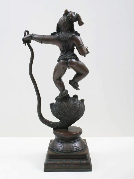 Antique Brass Statue Depicting Lord Krishna Vanquishing Kaliya 18 Inches