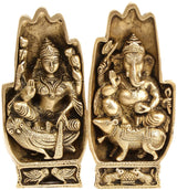 Brass pair hands figurines with Lakshmi seated and Ganesha riding rat, ornate detail
