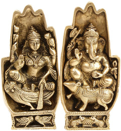 Brass pair hands figurines with Lakshmi seated and Ganesha riding rat, ornate detail