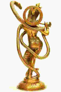 Gold brass Krishna figure with serpent hooded head, raised arms, 15 in sculpture